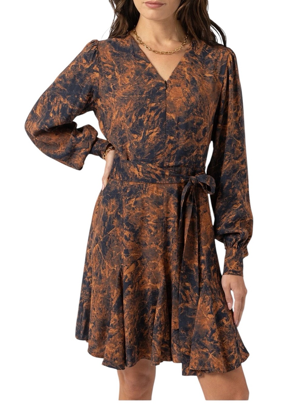saint + Sofia Long Sleeve Tie-Waist Dress in Rust and Black 6